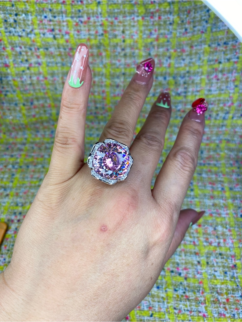 Pink bird net cut diamond Cocktail Ring - Silver Setting open size 5-13